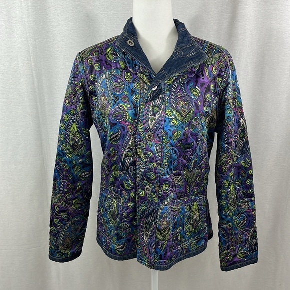 Chicos Reversible Quilted Denim Paisley Button Jacket Womens Size 2 Country Boho - Picture 6 of 13